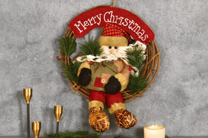 Christmas Wreath Pendant - 35CM Santa Claus Snowman Deer Wood Rattan Ring Xmas Hanging Decor