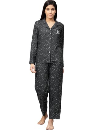 Women's Casual Full Sleeves Polka Dot Printed Rayon Shirt with Pyjama Pant Night Suit Set Size M (Grey)