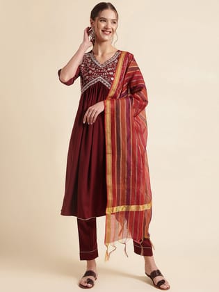 Maroon Embroidered Crepe Kurta Set-S