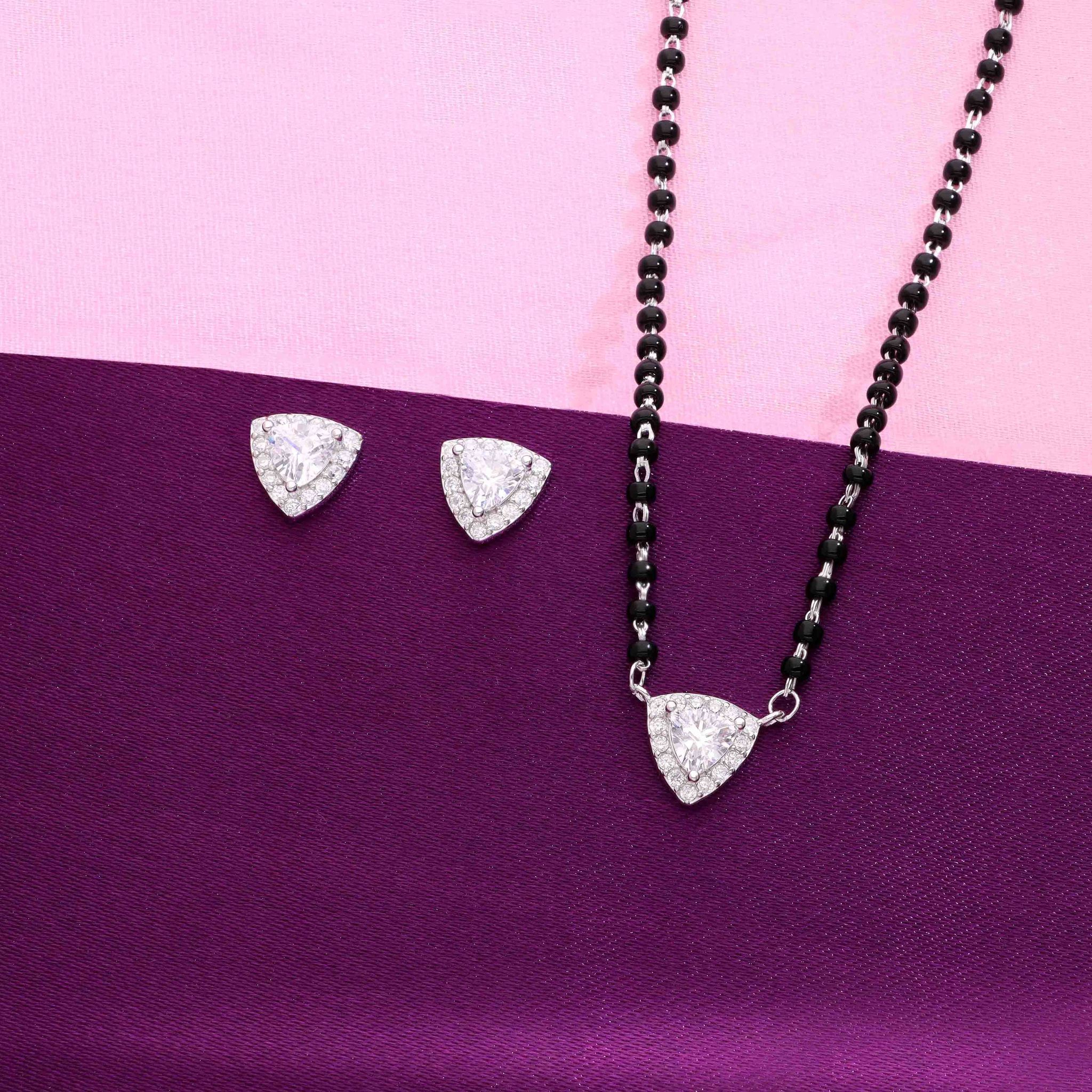 Heart Solitaire Silver Mangalsutra Necklace Set-White Stone / Silver