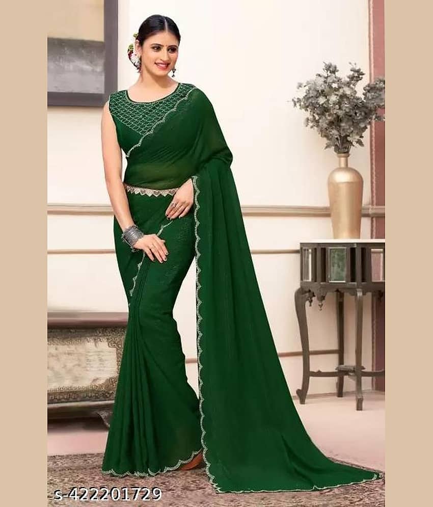 Shivadit ethnic Georgette Cut Outs Saree With Unstitched Blouse Piece ( Green )