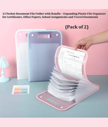 Dust N Shine , 13 Pocket Document File Folder with Handle – Expanding Plastic File Organizer for Certificates, Office Papers, School Assignments and Travel Documents - Pack of 2