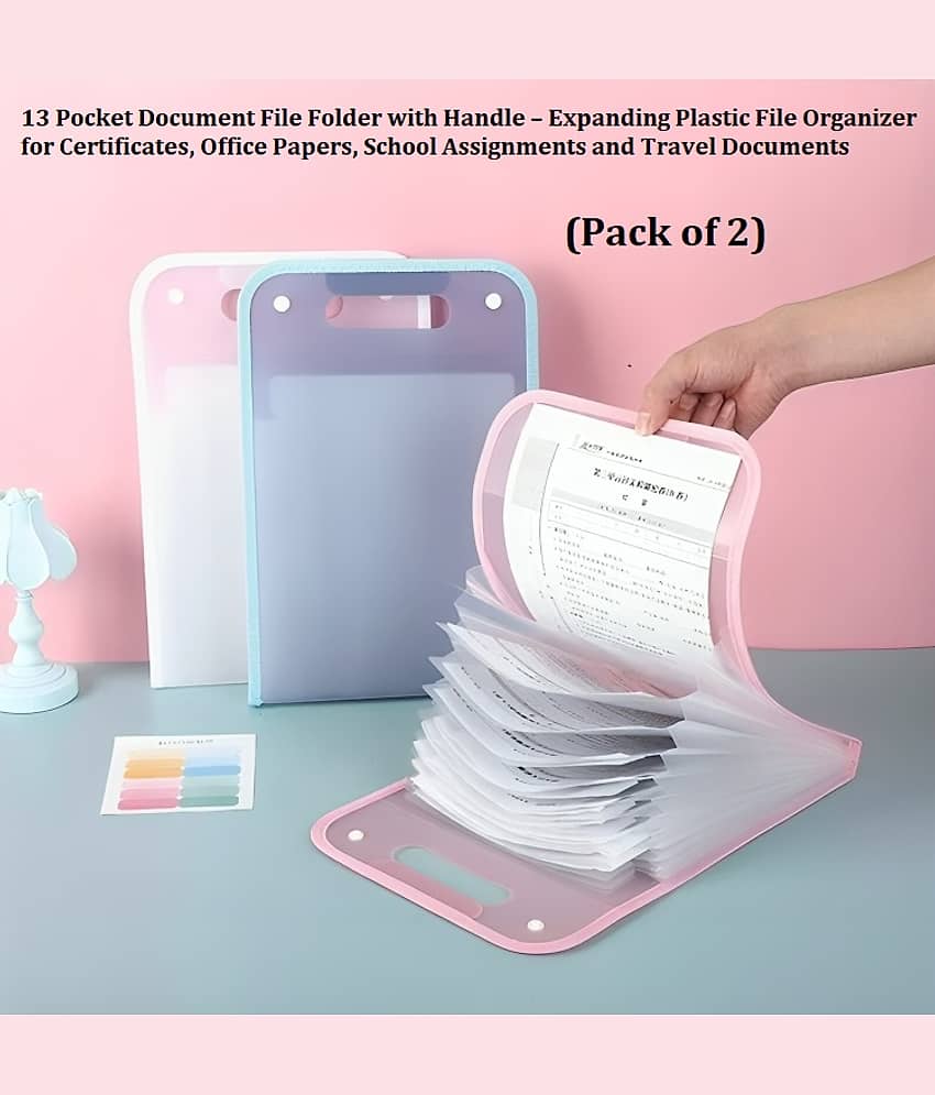 Dust N Shine , 13 Pocket Document File Folder with Handle – Expanding Plastic File Organizer for Certificates, Office Papers, School Assignments and Travel Documents - Pack of 2