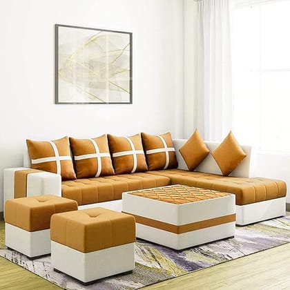 Starlet Furniture L Shape 8 Seater Sectional Fabric Sofa Set with Center Table and 2 Puffy Living Room (Left Side, Orange)