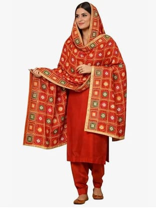 Red Chinon Silk Mirror Work Dupatta for Women, Handcrafted Ethnic Embellished Designer Dupatta, 2.25 Meter Lightweight Traditional Dupatta for Suit Lehenga Kurti
