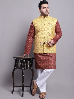 Men's Cotton Linen Maroon Kurta and White Pyjama With Mustard Cotton Nehrujacket-46