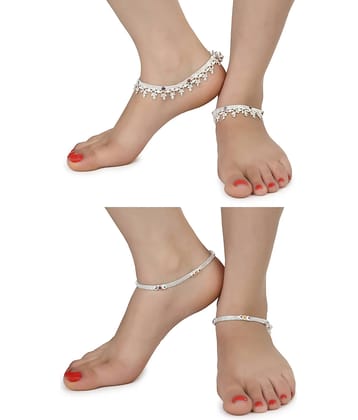 AanyaCentric Combo of 2 Pair Silver Plated White Metal Indian Traditional Ethnic Payal Anklets