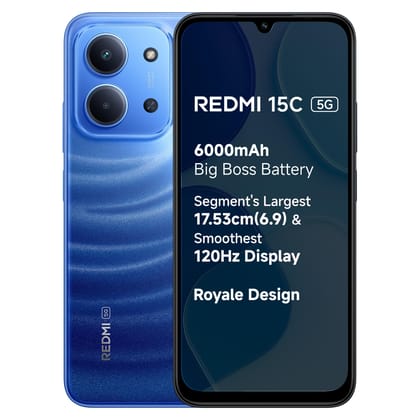 REDMI 15C 5G Moonlight Blue 4GB + 128GB | Royale Design | Massive 6000mAh Battery | Segment's Largest Display 17.53cm Up to 120Hz | MediaTek Dimensity 6300 | 33W Fast Charging | 50MP AI Dual Camera REDMI 15C 5G Moonlight Blue 4GB + 128GB | Royale Design 
