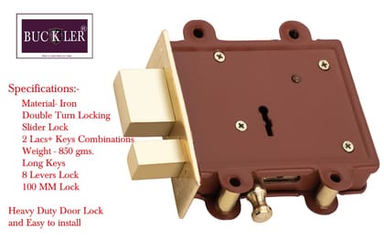BUCKLER Main Gate Door Lock for Home/Office/Godown, Slider and Double Action Heavy Duty Lock Set for Extra Security with 3 Keys (100MM, 8 Levers, Red Coating)