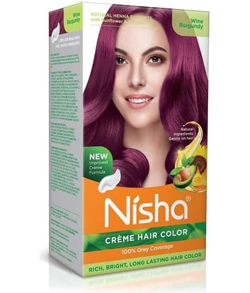 Nisha Creme Hair Color Wine Burgundy 120g, Permanent Hair Colour with Henna Extracts, 100% Grey Coverage