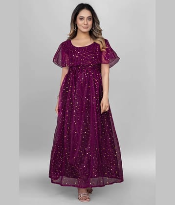Aika Women Net Flared Stitched Ethnic Gown ( Purple )