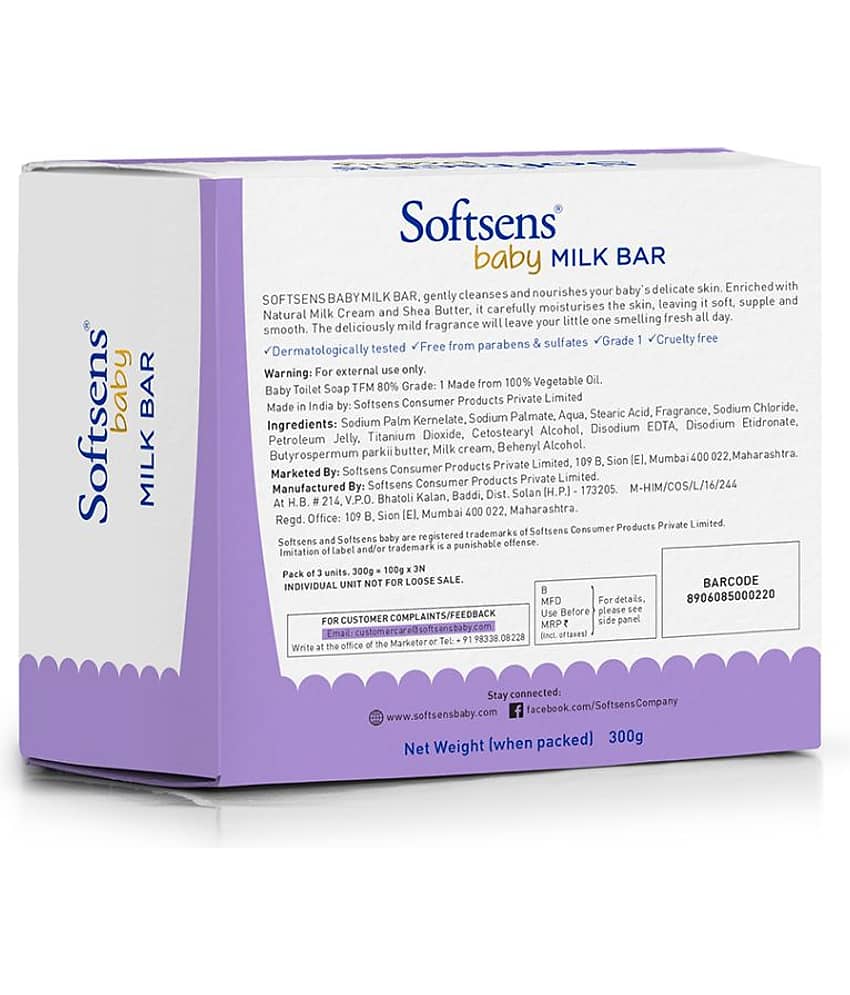 Softsens Baby Moisturizing Milk Soap Bar Enriched with Natural Milk Cream 100g x 3, Pack of 3