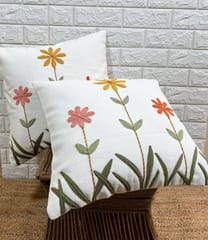 Indihomecraft Handicraft Cotton Cushion Cover - Hand Stitched Embroidery Decorative Art Boho Pillow Flower Printed Pillow Cover | Square Shape 18X18 Inches Cushion Cover, Set of 2