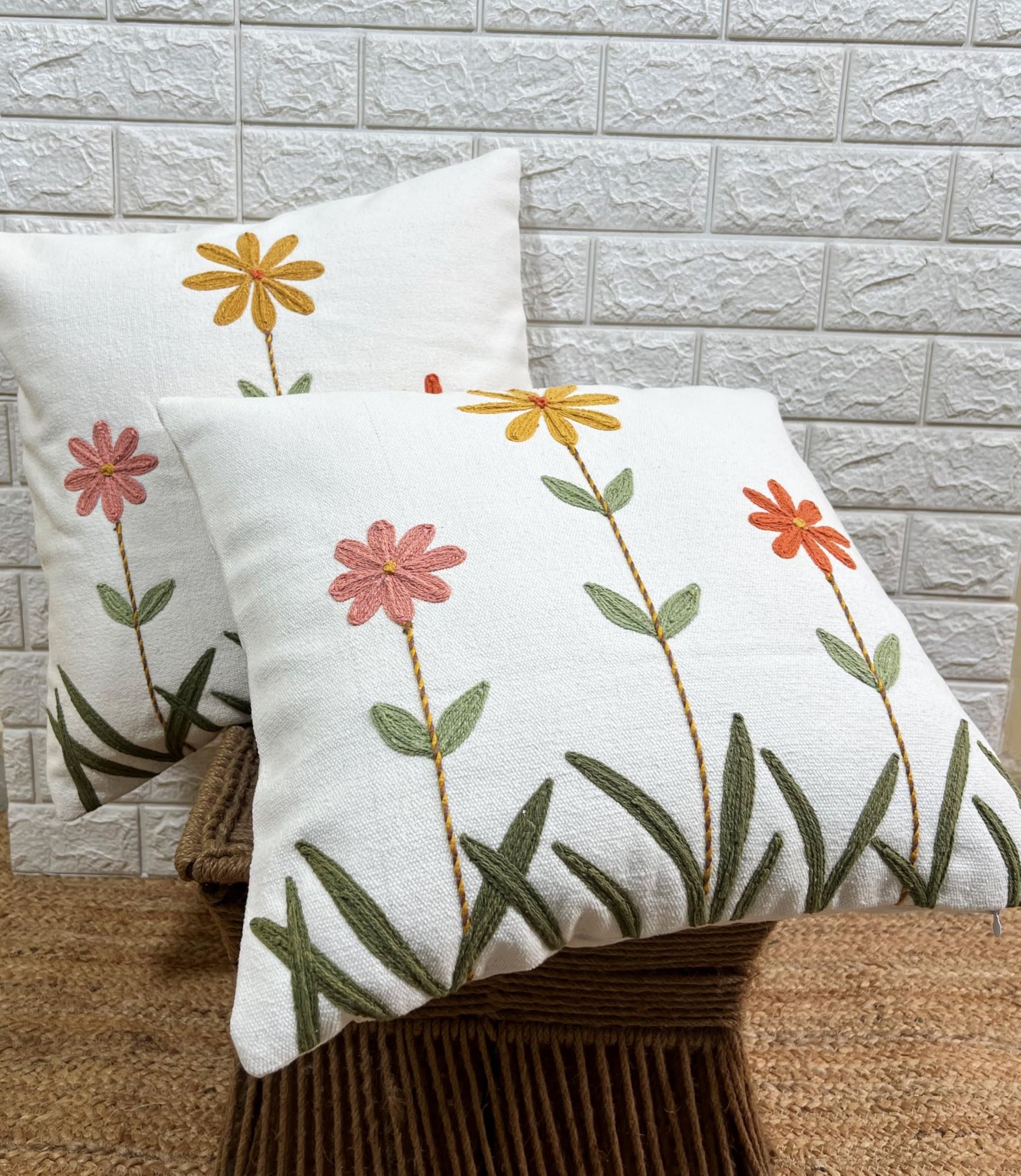 Indihomecraft Handicraft Cotton Cushion Cover - Hand Stitched Embroidery Decorative Art Boho Pillow Flower Printed Pillow Cover | Square Shape 18X18 Inches Cushion Cover, Set of 2