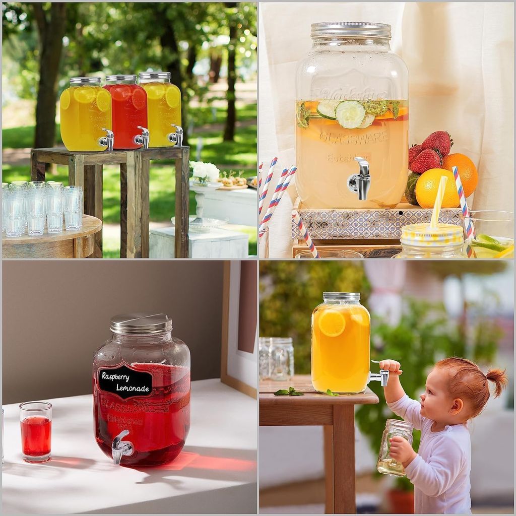 Glass Iced Drink Dispensers with Spout and Tap Steel Lid, Cold Beverage Dispenser for Beer, Water,Cocktails, and More,Airtight Beverage Jar for Home Kitchen,Weddings,Restaurants (4 Littre,Transparent)