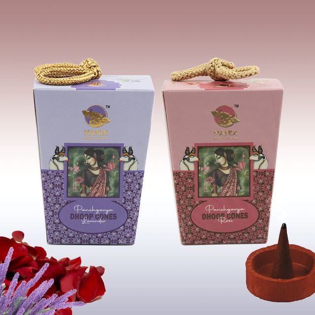 Nandi Panchgavya 100 Percent Cow Dung Lavender& Rose Dhoop Cones (100 Pcs) with Stand