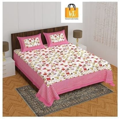The Bedsheet Adda Standard Queen Size Pure Cotton Jaipuri Printed Economic Double Bedsheet with Two Pillow Covers- ARTICLE-1022