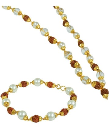 PAYSTORE Gold plated Combo of Original Panchmukhi Rudraksh, White crystal and Pearl necklace and matching Bracelet for Men