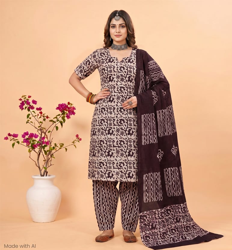 Handcrafted Batik Print 3 Piece Unstitched Cotton Suit Set