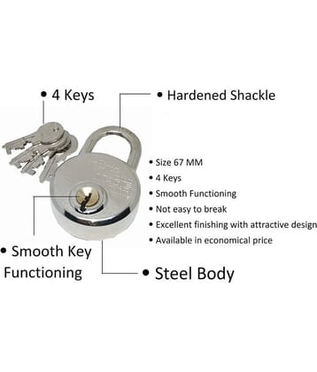 Unikkus steel made lock for home room door shop house and multipurpose, padlock size 67 MM with 4 keys