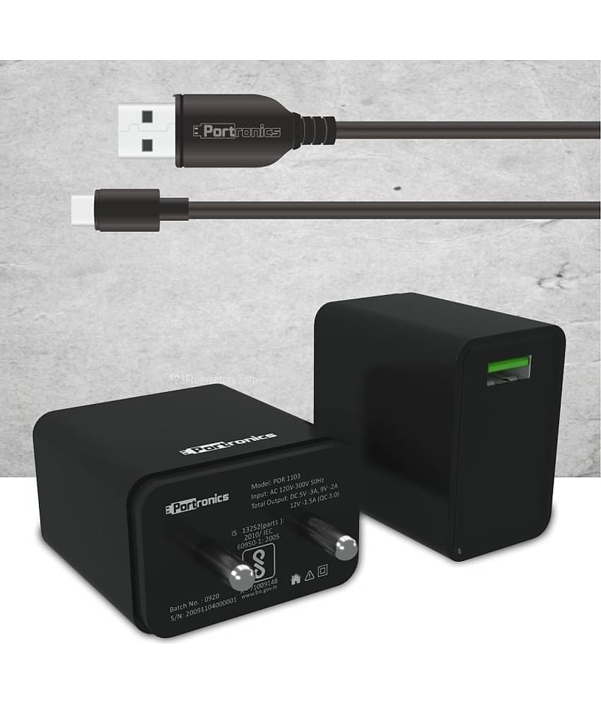 Portronics Adapto One ( With Micro Cable):3.0A Single Port Adapter With Quick Charge ,Black (POR 1103)
