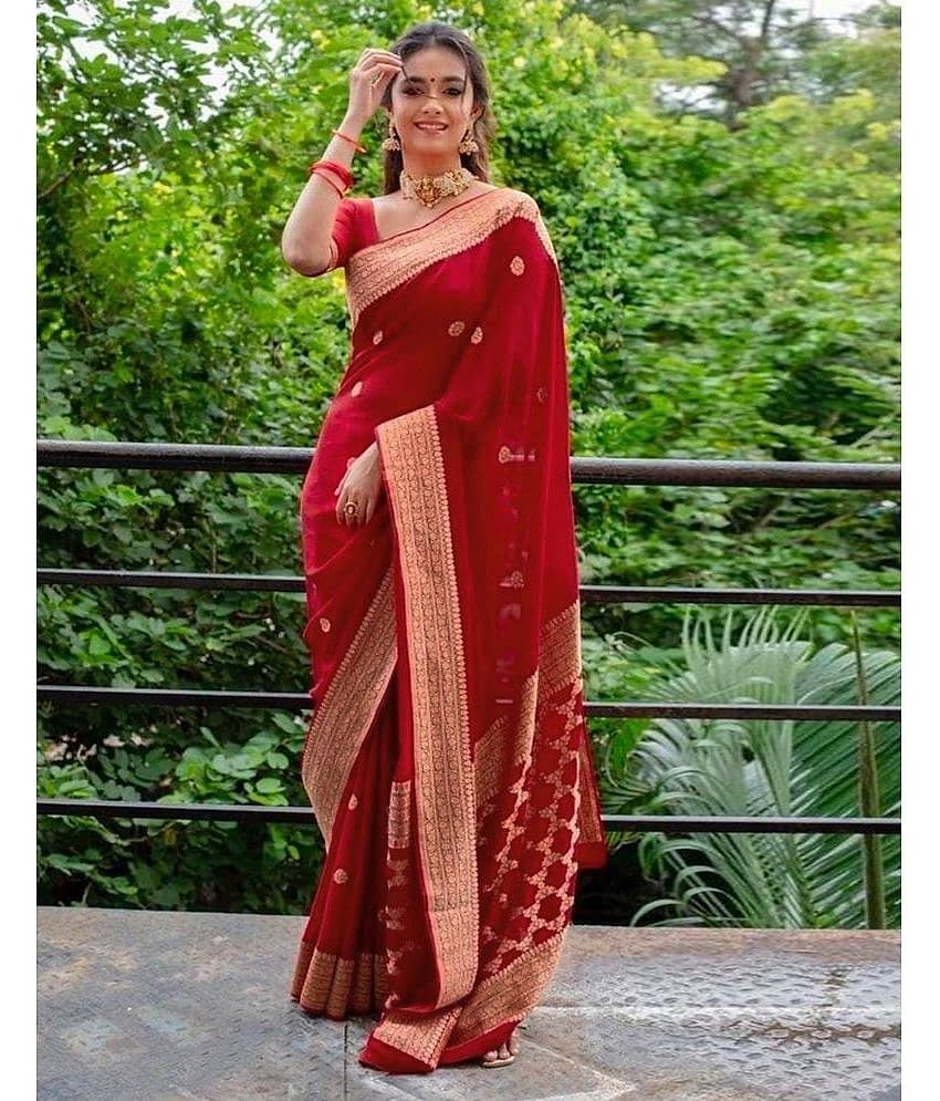 Satrani Art Silk Woven Saree With Unstitched Blouse Piece ( Red )