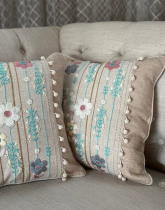 KRI India Bloom Botanical Hand Embroidered Cushion Covers|16x16 inches | Beige  | Wash & Care | 100% Cotton | Handcrafted in India. 100% organic & natural.