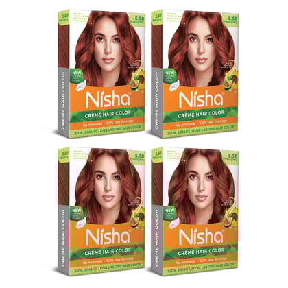 Nisha Creme Hair Color Mahogany 40gm Pack of 4, Permanent Hair Color for Women Men, No Ammonia, 100% Grey Coverage