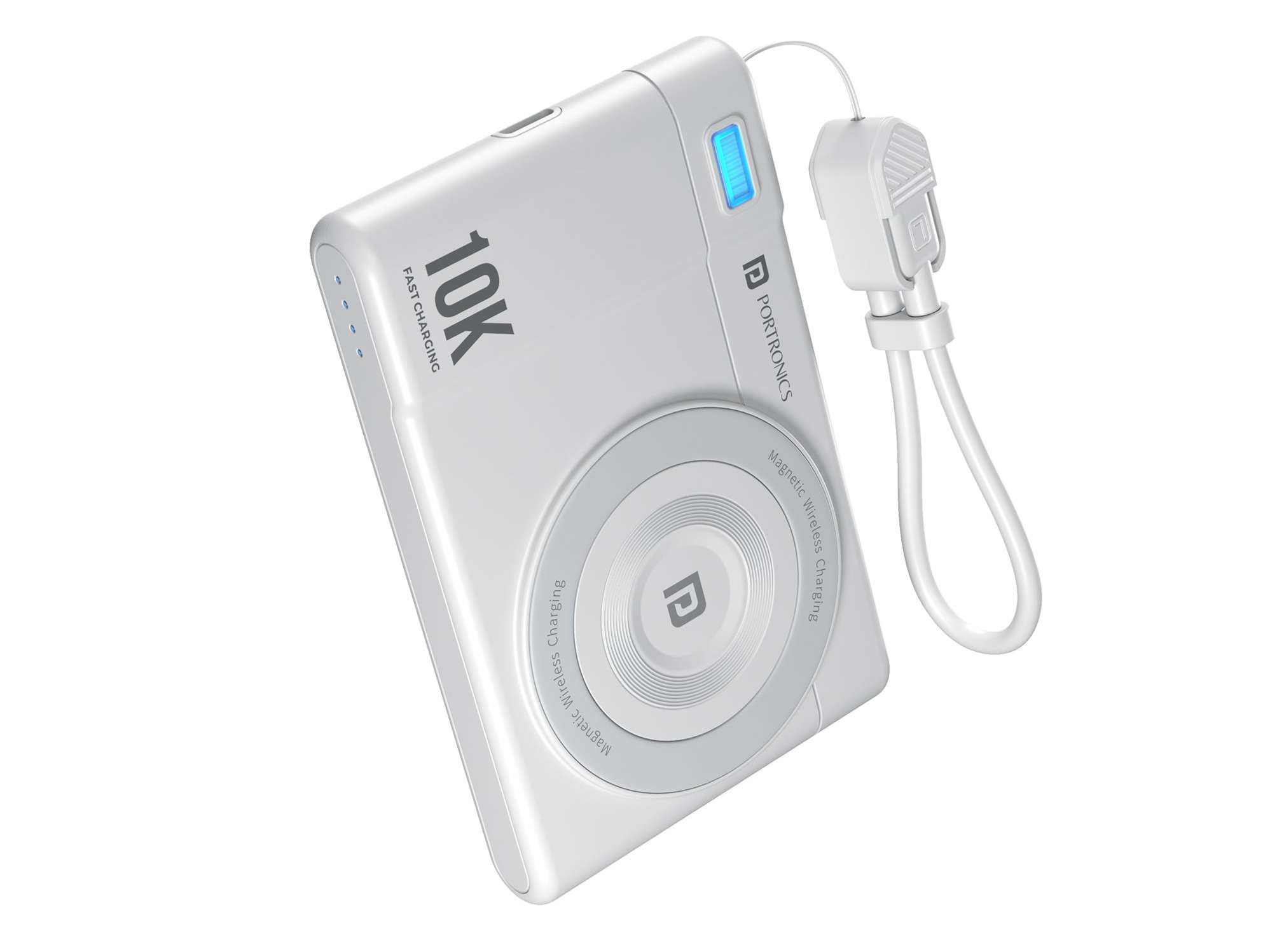 Portronics Power Shutter Air 10K 15W Wireless Output, 22.5W Wired Output,  In Built Type C Cable, Light Weight - White