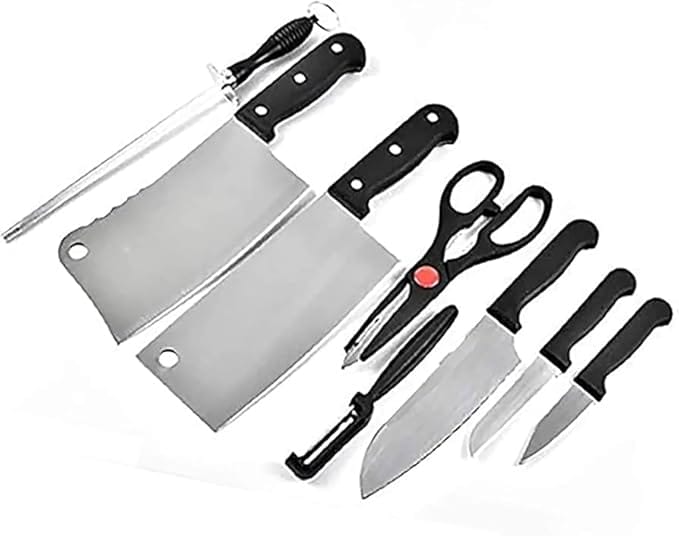 Kitchen Knife Set with Scissors, 8 Pieces, Stainless Steel Blades, Black Handles, Includes Cleaver, Sharpening Steel, Peeler