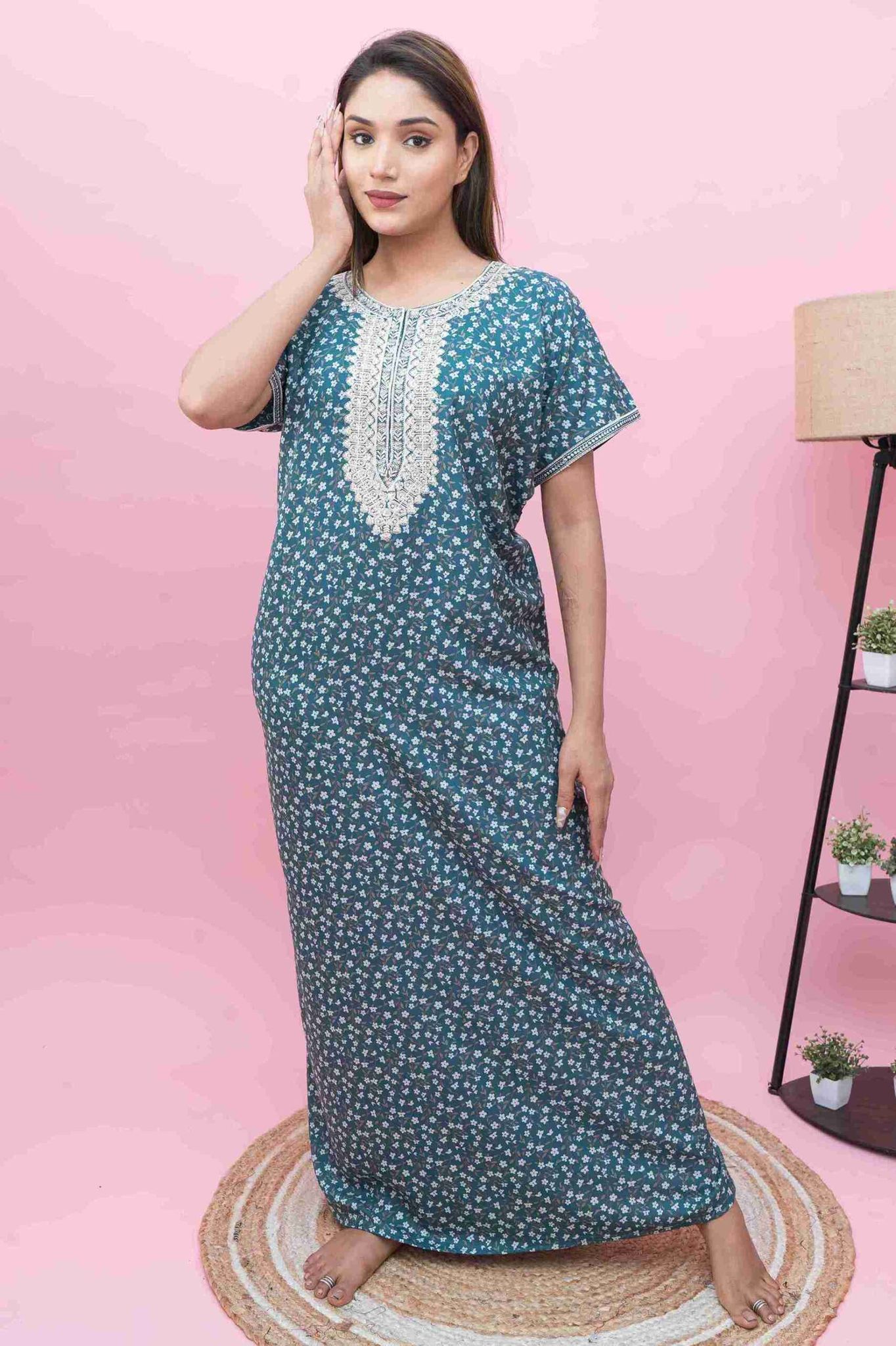 Designer Embroidery Nighty | A-Line Cut | Alpine Fabric | Right Pocket
