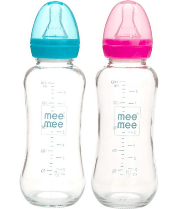 Mee Mee Premium Glass Feeding Bottle Blue 240ml + Pink 240ml Combo …