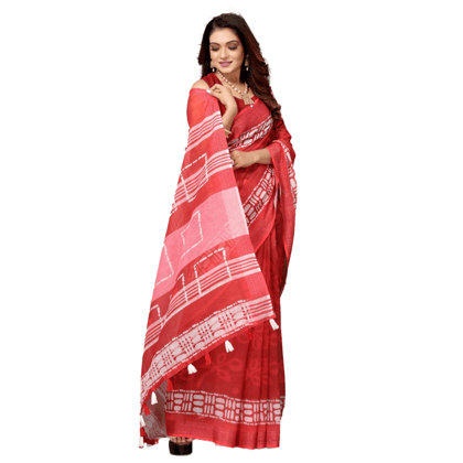 TheHangr Women's Linen Red Leaf Print Saree With White Boarder And Pallu