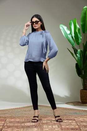 Satin Tie neck Top-BLUE / S