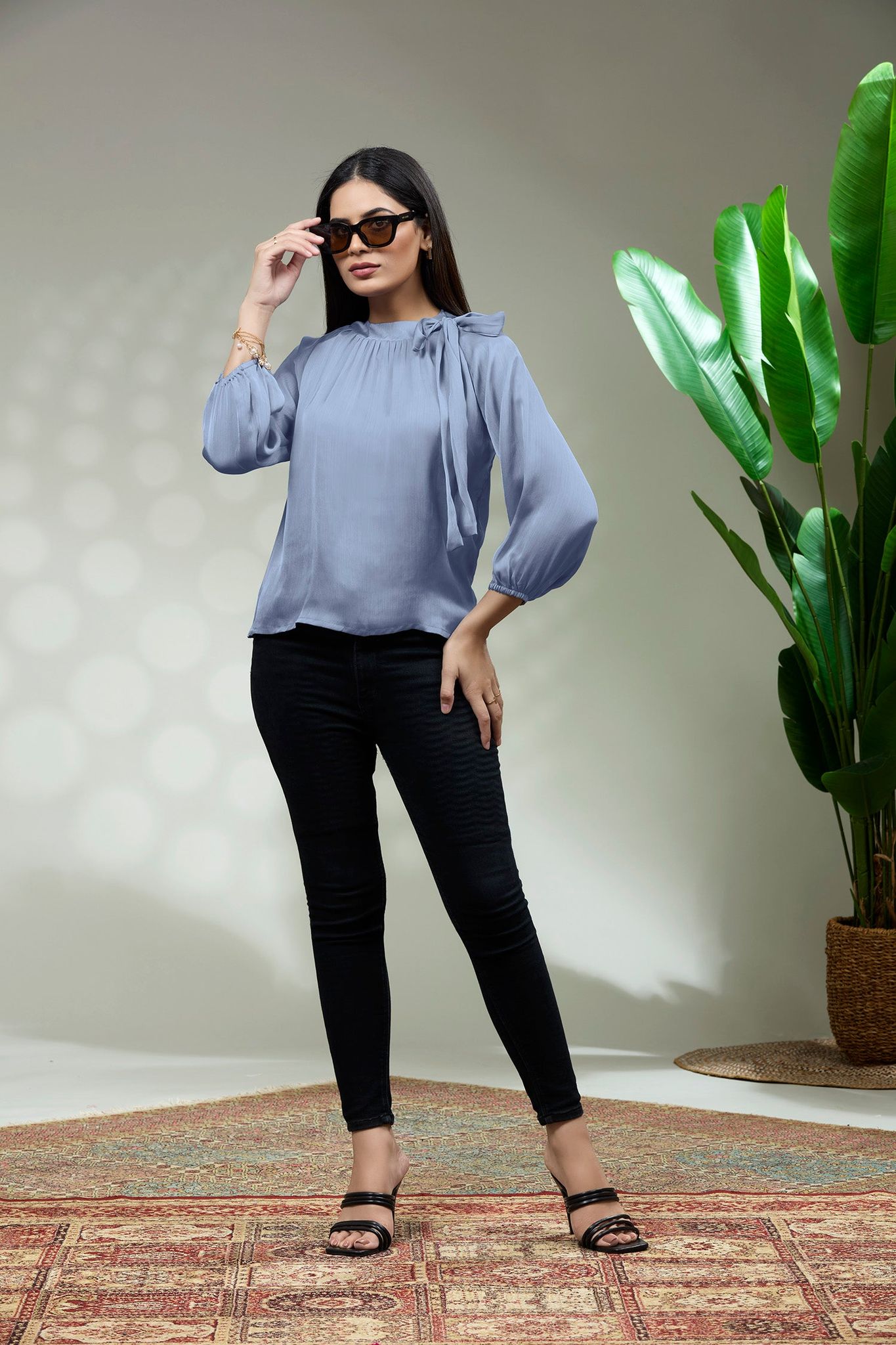 Satin Tie neck Top-BLUE / S