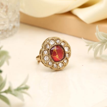 Cherry Red Color Kundan Ring For Women-Ring_Size_Adjustable | Diameter Length: 2.50 CM x Width: 2.50 CM / Red / Alloy With Good Quality Mehndi Gold Plated