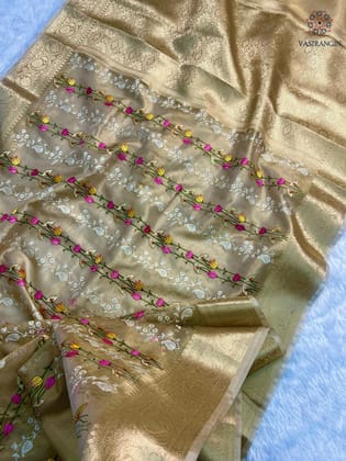 New Wedding wear Golden Color Banarasi TIssue Silk Emboidery Work Fancy Designer Saree With Blouse