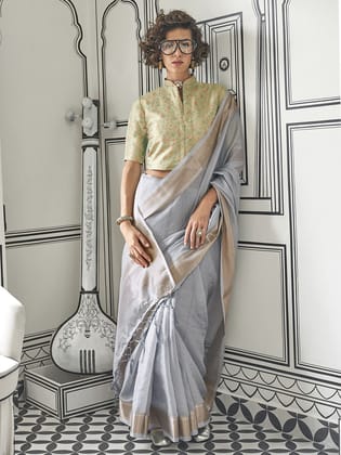 Floral Grey Chiffon Fabric With Weaving Zari Work Soft Saree