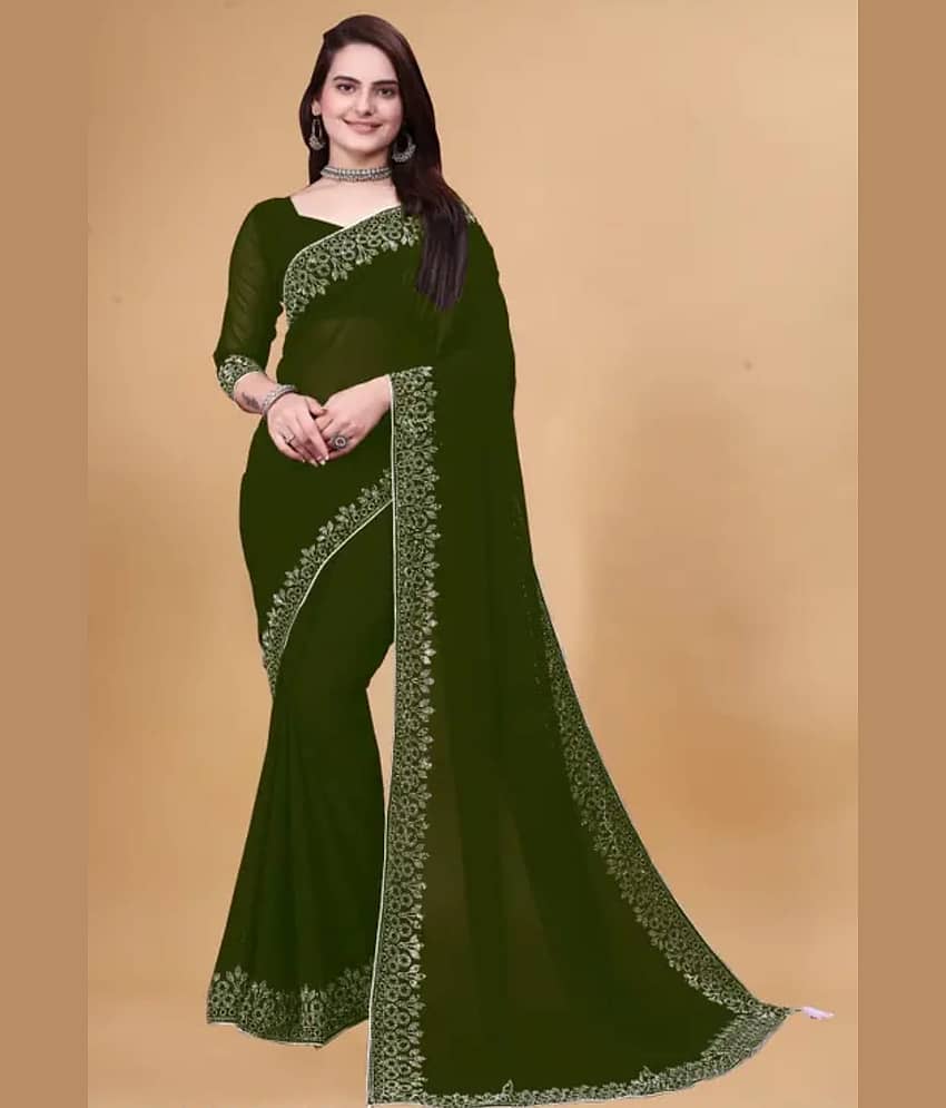 Gullak Georgette Embellished Saree With Unstitched Blouse Piece ( Green )