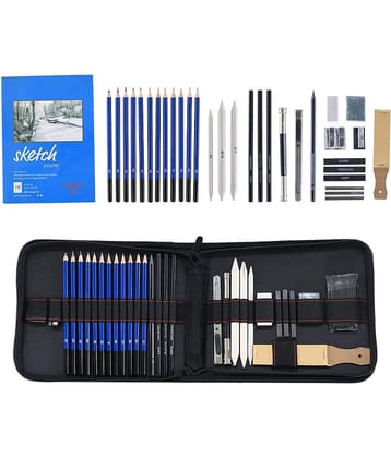 Angel Bear 35 Pieces Professional Drawing Pencils and Sketch Kit for Artist, Blue - Complete Art Set for Beginners & Professionals with Graphite, Charcoal, Blending Tools, and More with Carry Bag