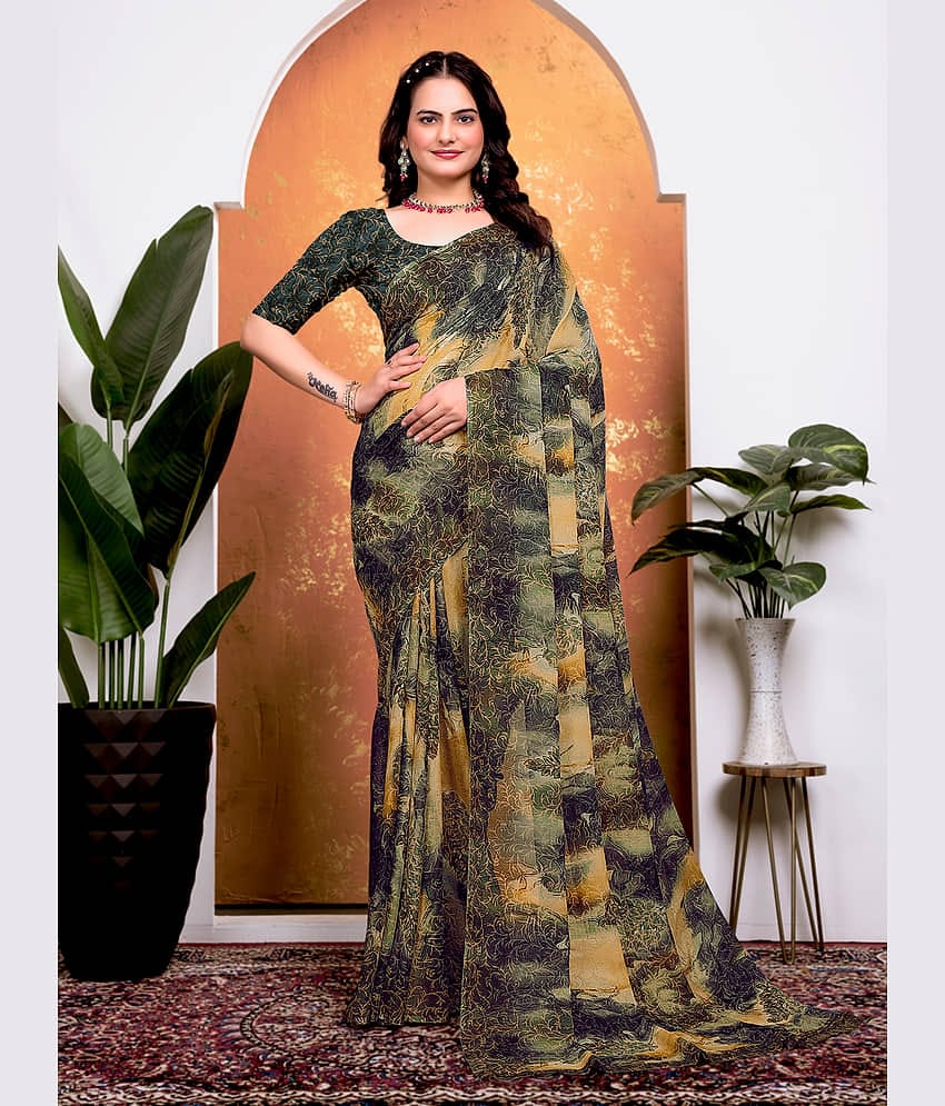 Kanooda Prints Georgette Printed Saree With Unstitched Blouse Piece ( Grey )
