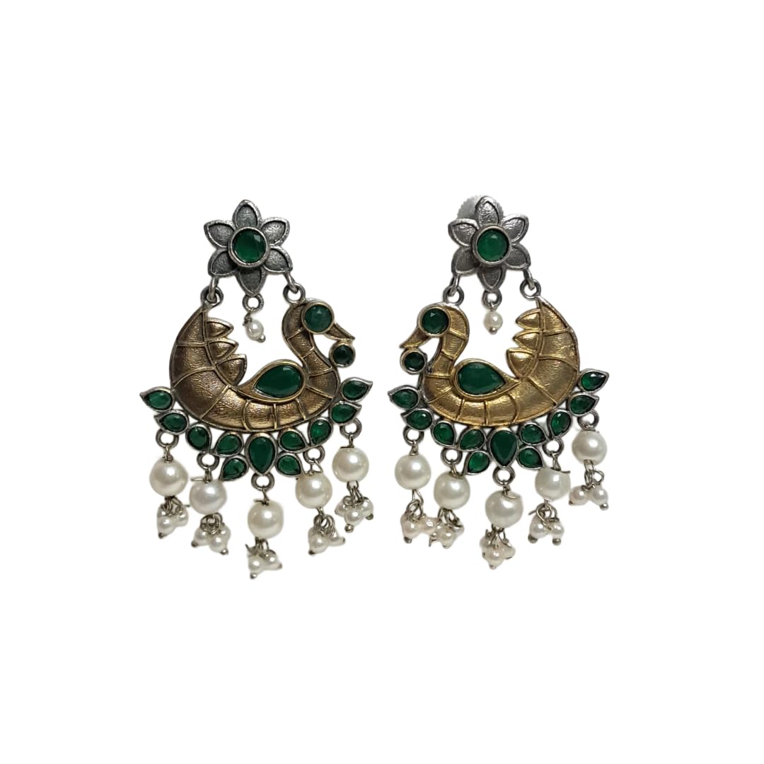 Anvaya Collections Traditional Chandbali Earrings, Gold-Toned with Ruby Red Stones and Pearl Drops