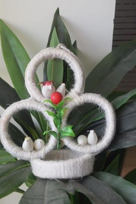 Handcrafted White Yarn Wrapped Holiday Decor Spiral with Artificial Berries, Leaves, White Flowers, Red Accents, Rustic Christmas Decoration