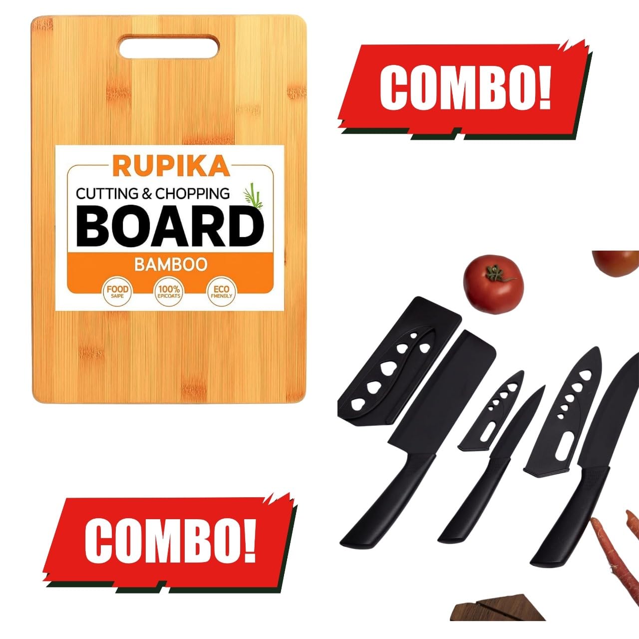 RUPIKA | Bamboo Cutting and Chopping Board with 3 Kitchen Knives Eco Friendly Durable Combo Set for Home Cooking