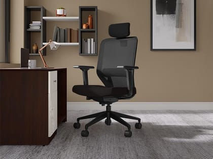 Greta 2.0 High Back Fabric Ergonomic Office Chair (Black Ink with Black Body) (1 Year Warranty, Adjustable Armrest, Cushioned Headrest)