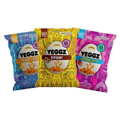 YEGGZ Combo (Creamy Cheese,Briyamy,Spicy Korean) Puffed Curls - Crispy Snacks (Pack Of 3)