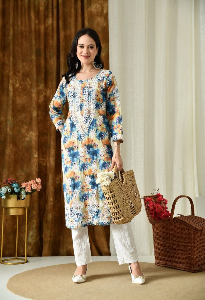 Multi color Mulmul Pure Cotton Lucknow Chikankari Kurta -Teal & Orange