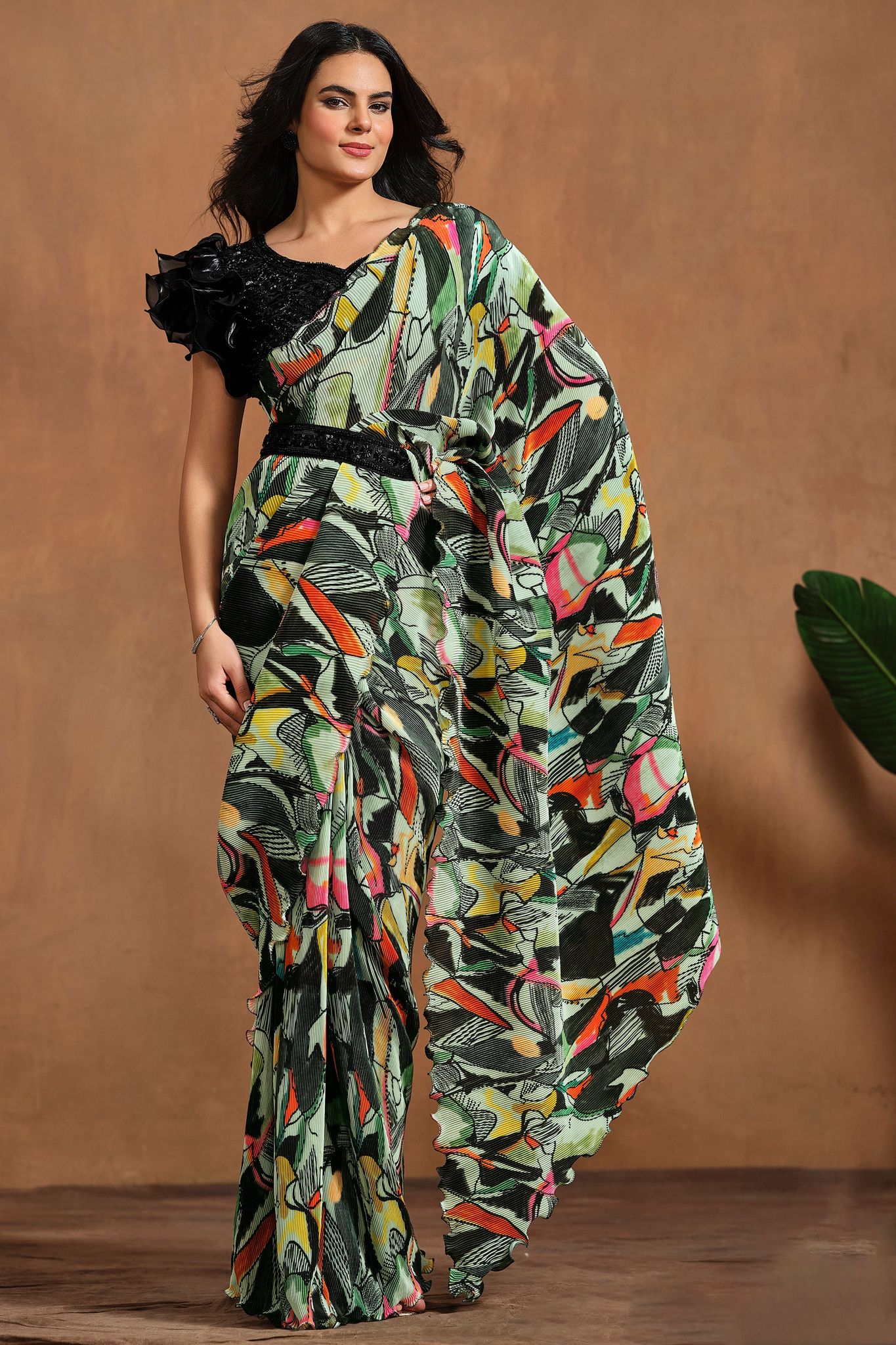 Multicolor Perma Pleated Readymade Saree