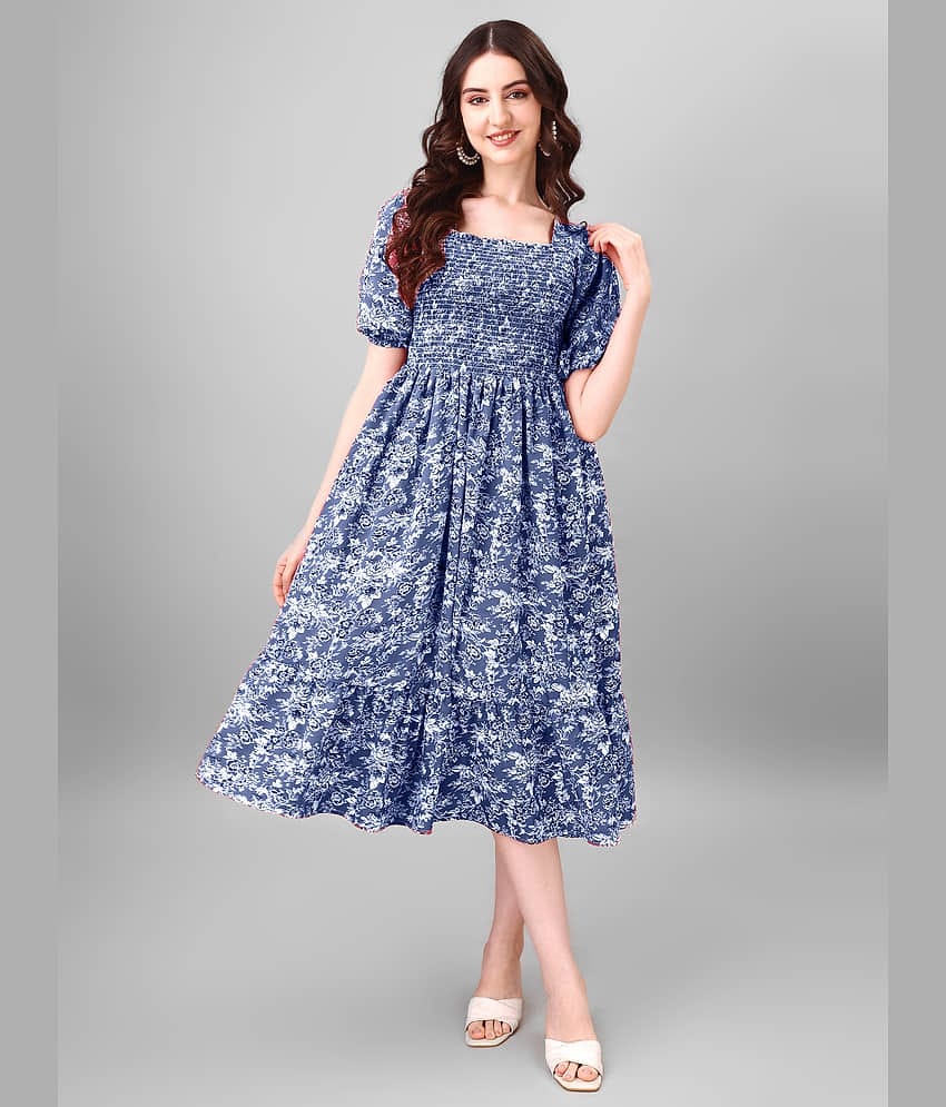 Femvy Women Polyester Printed Fit & Flare Dress ( Blue )