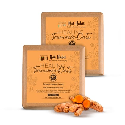 Nat Habit Turmeric Oats Bath Butter Soap | Ayurvedic Body Tan Removal for Women & Men | De-Tan, Anti Tan & Antibacterial Bar| Scar Reduction & Deep Cleansing | Handmade Haldi Soap | 125g x 2 Nat Habit Turmeric Oats Bath Butter Soap | Ayurvedic Body Tan R